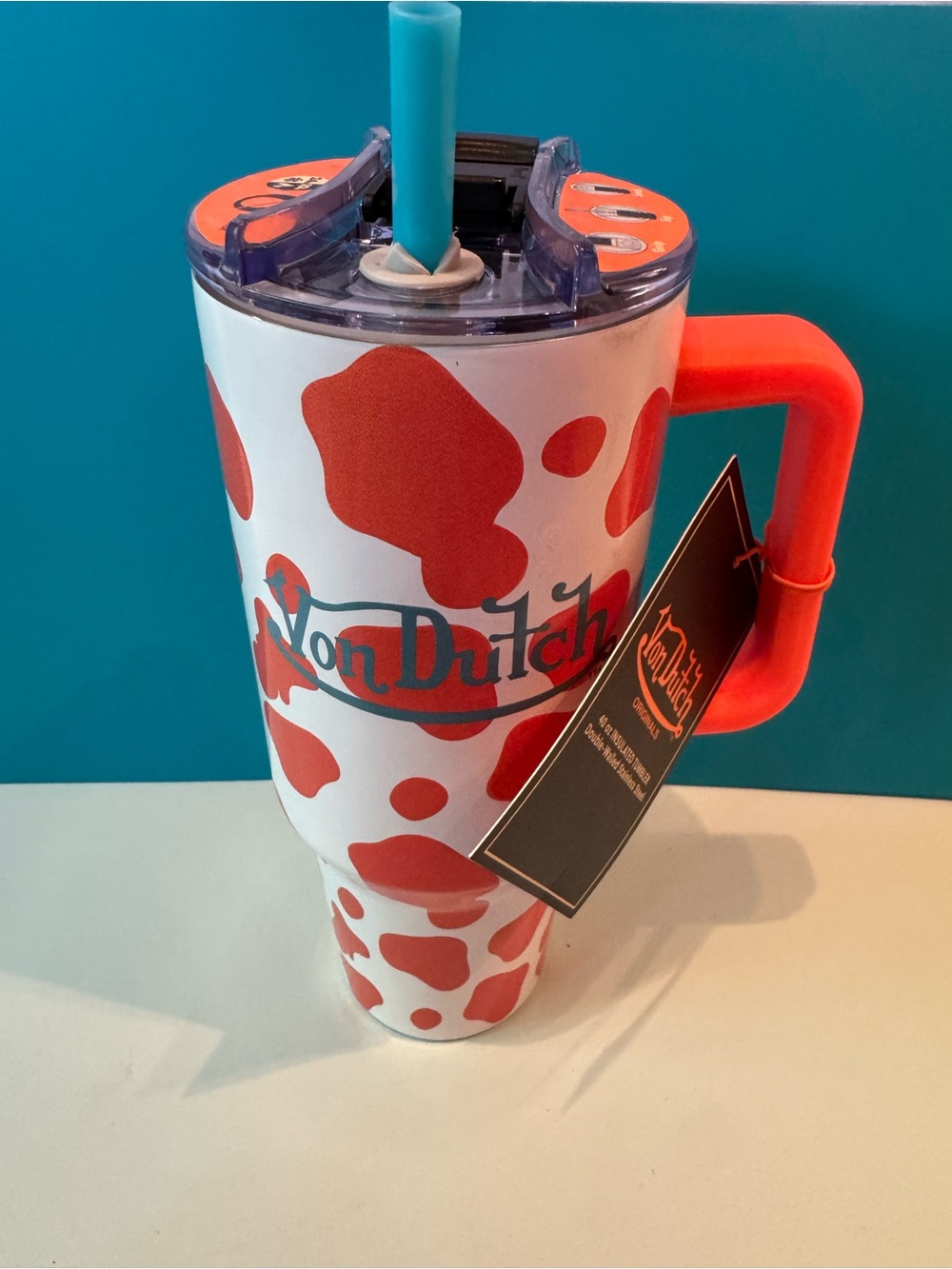Von Dutch Orange & White Patterned Travel Tumbler with Handle
